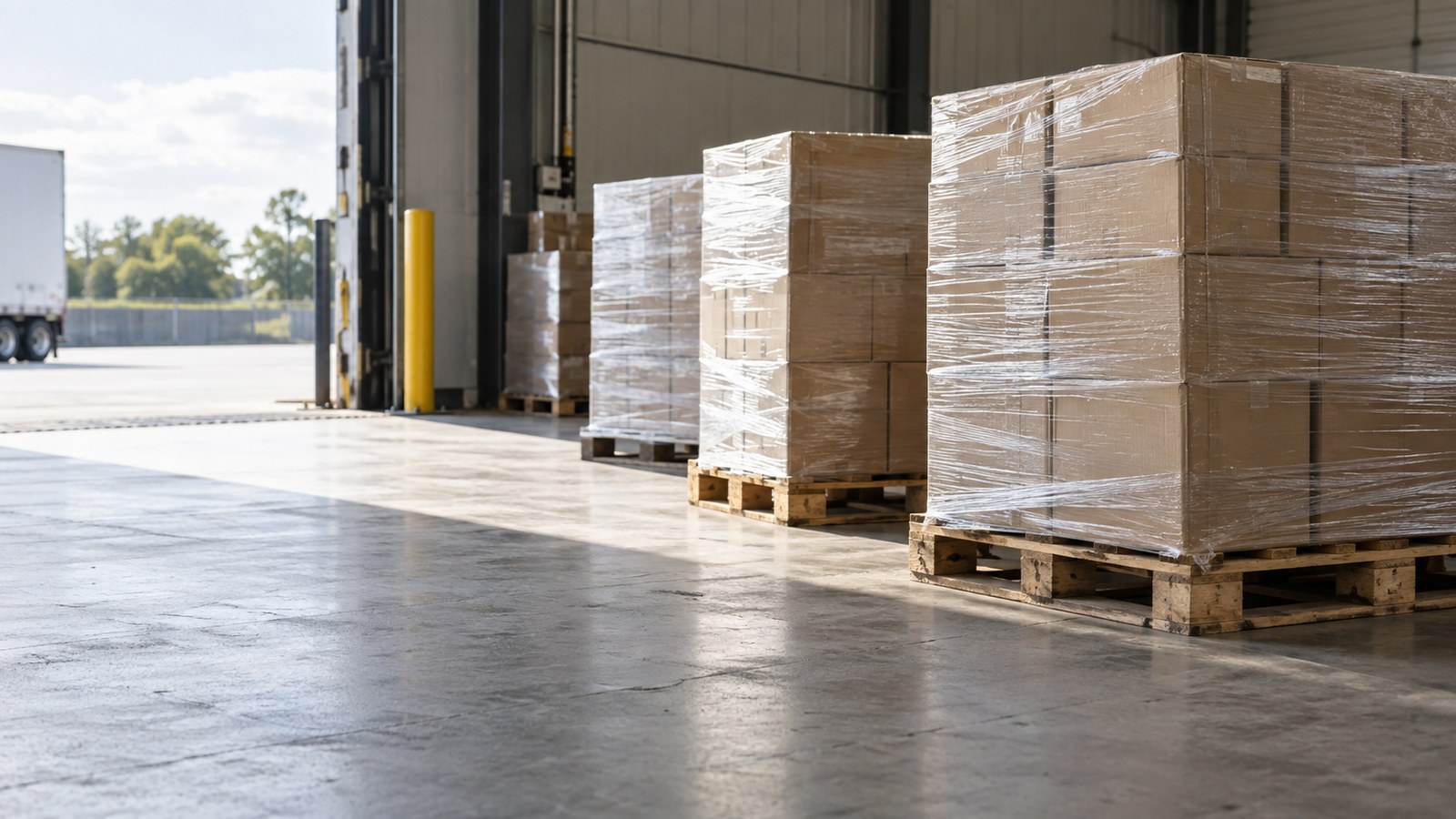 Illustrative palletized cartons ready for a warehouse handoff