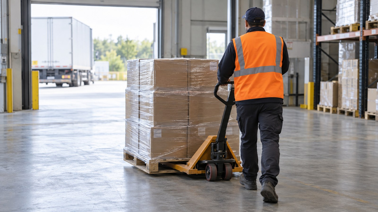 Illustrative warehouse worker using a pallet jack to move wrapped cargo