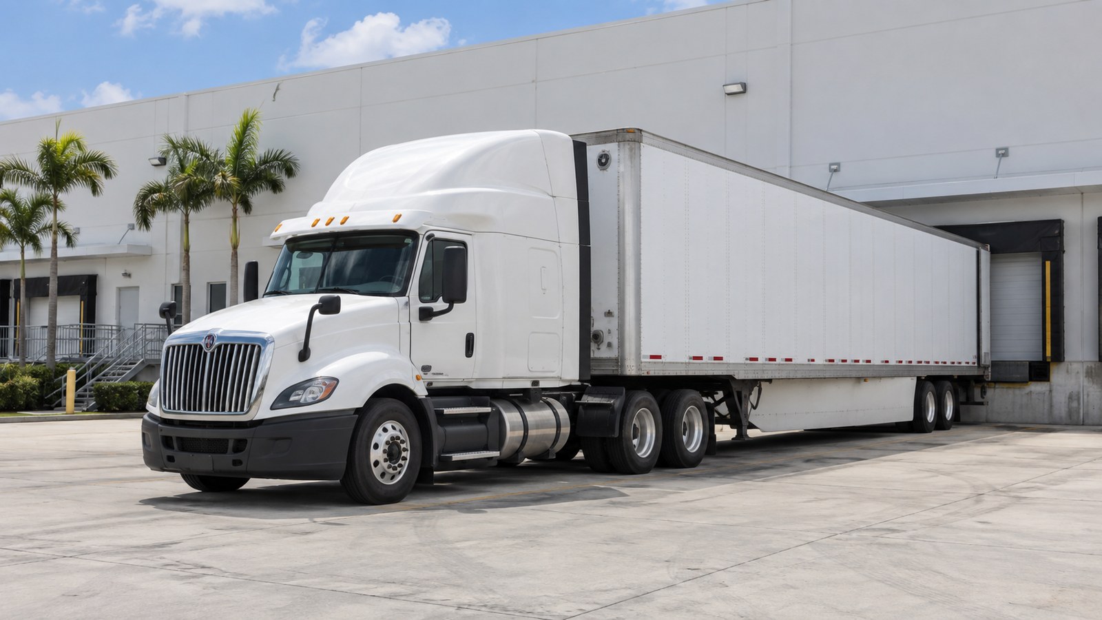 Illustrative white tractor-trailer beside a South Florida industrial building with palm trees
