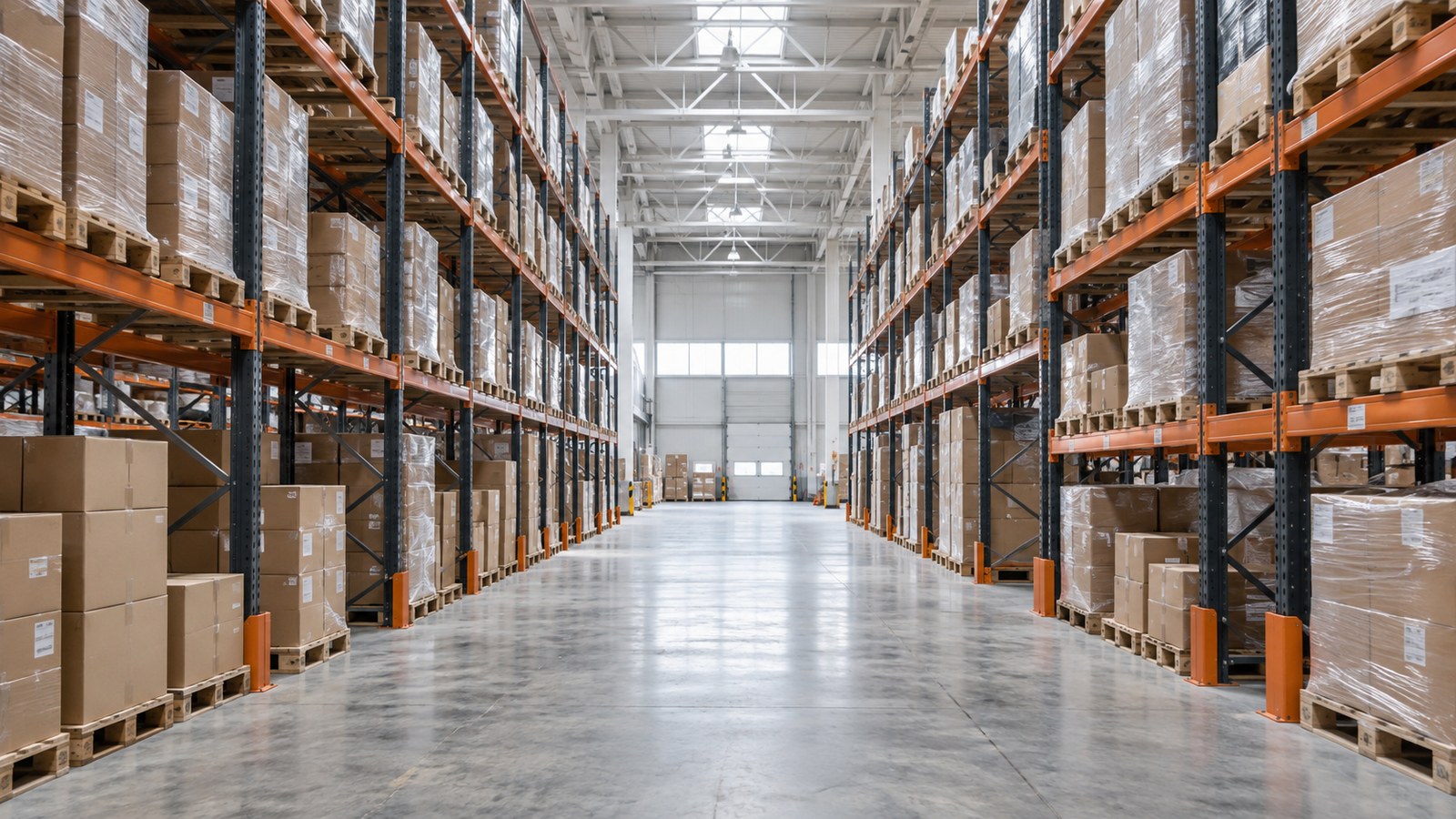 Illustrative warehouse aisle with pallet racking and a clear central floor